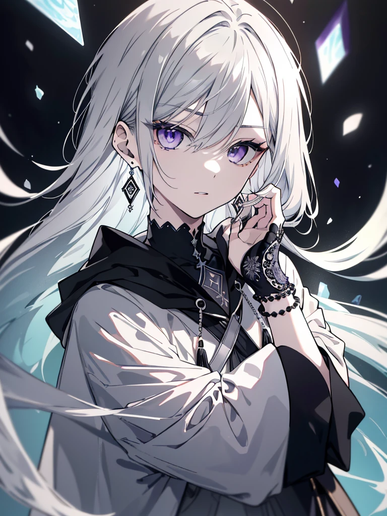 8k,High resolution RAW color art,Anime Art, (((Very detailed and cool))), Detailed skin, Blur、texture,(Exquisitely crafted, The finer details, Ultra-detailed art), (((One boy))), Depth of written boundary, Silky Touch, Hyper Detail, (((Cool face))), eye shadow、Silver Marble Skin, Beautifully detailed purple eyes, Beautiful lip detail, Very delicate face, Delicate depiction of hair and eyes, Detailed Fashion, Silver earrings,Silver Bracelet、Full body depiction, Black high neck、black waist cloak、 A little bit of grey hair、Semi-long hair、(((Hair)))、water surface、silk clotheatte、Soft clothes、cool、Food、Wear warm clothes、Halo

