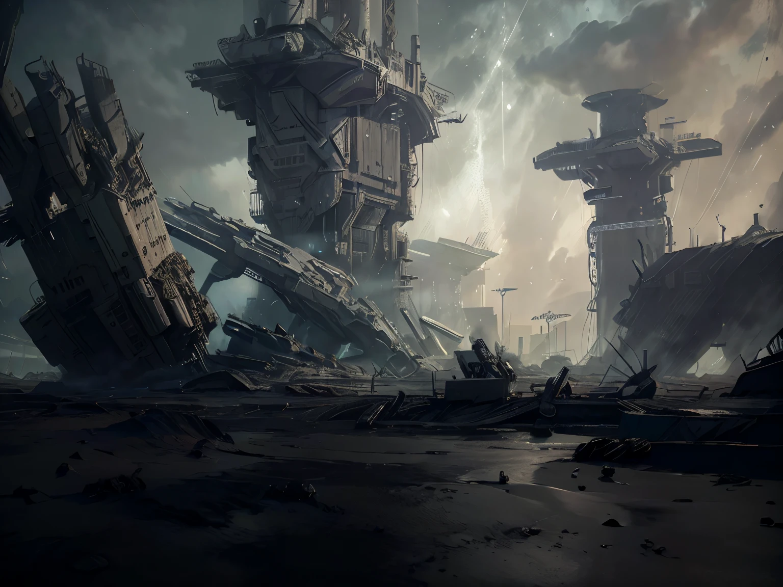 a wrecked ship from the past, rusting and decaying, stranded near a futuristic, dystopian urban cityscape, highly detailed, photorealistic, intricate, dramatic lighting, moody atmosphere, deep blues and greys, (best quality,4k,8k,highres,masterpiece:1.2),ultra-detailed,(realistic,photorealistic,photo-realistic:1.37),cinematic composition,dramatic lighting,cinematic mood,intricate details,gritty and weathered textures,dystopian urban landscape,advanced architecture,futuristic elements,moody blues and greys,high contrast,dramatic shadows