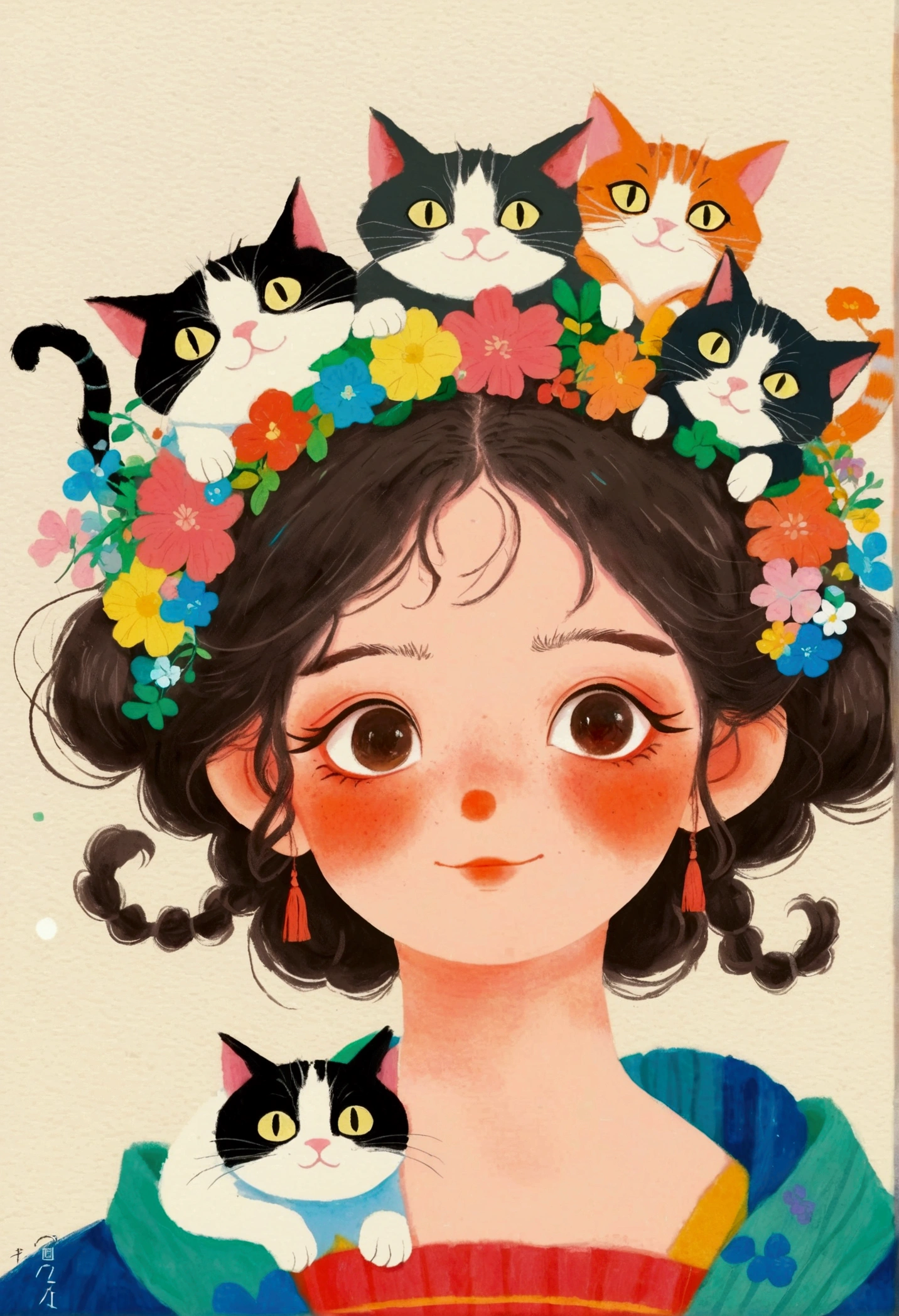 There is a painting，The painting is a girl，There are a group of cats on the head, Colored pencil drawings of Nobumasa Yanagawa, pixiv, What is it？, Japanese illustrator, girl with cat ears, Studio Ghibli Art, studio Ghibli art style, Ghibli art style, Ghibli art style, Portraitc 1 2. 0, Portrait c 12.0