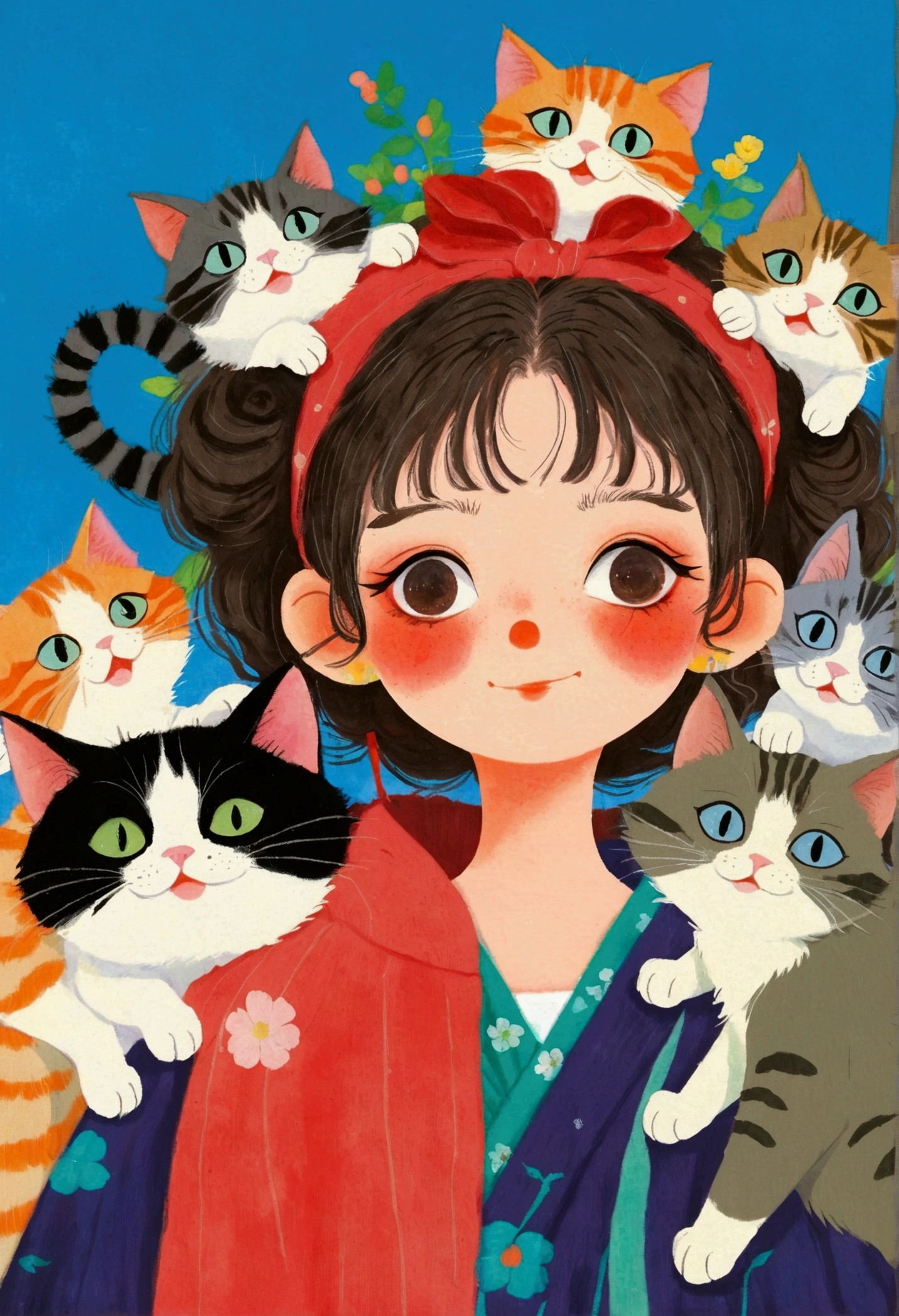 There is a painting,The painting is a girl,There are a group of cats on the head, Colored pencil drawings of Nobumasa Yanagawa, pixiv, What is it?, Japanese illustrator, Studio Ghibli Art, studio Ghibli art style, Ghibli art style, Ghibli art style, Portraitc 1 2. 0, Portrait c 12.0