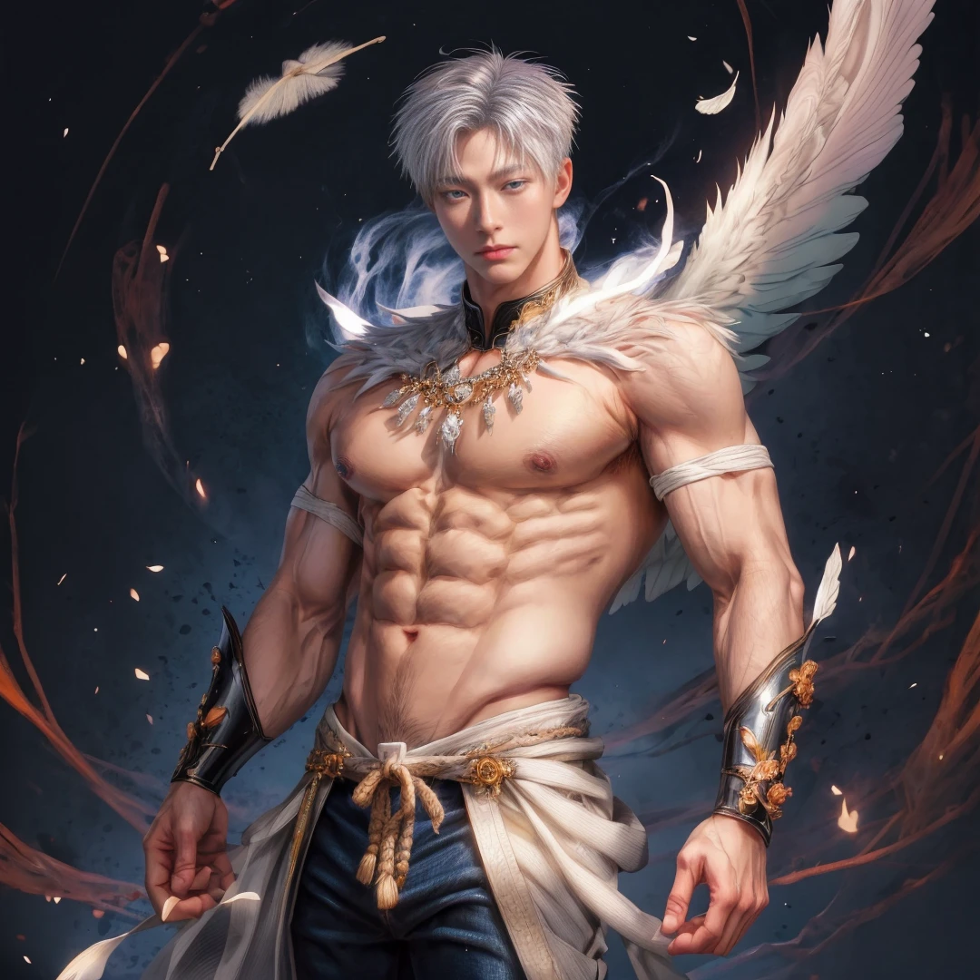 Japanese male model, adult, handsome, perfect face, detailed eyes and face, clean shaved, sixpack realistic, white eyebrow hair, white eyelashes, dynamic lighting, unreal engine 5, hd picture, satoru gojo, white hair, short hair ,hair between eyes ,blue eyes, white skin, Short jeans, Phoenix wing detail