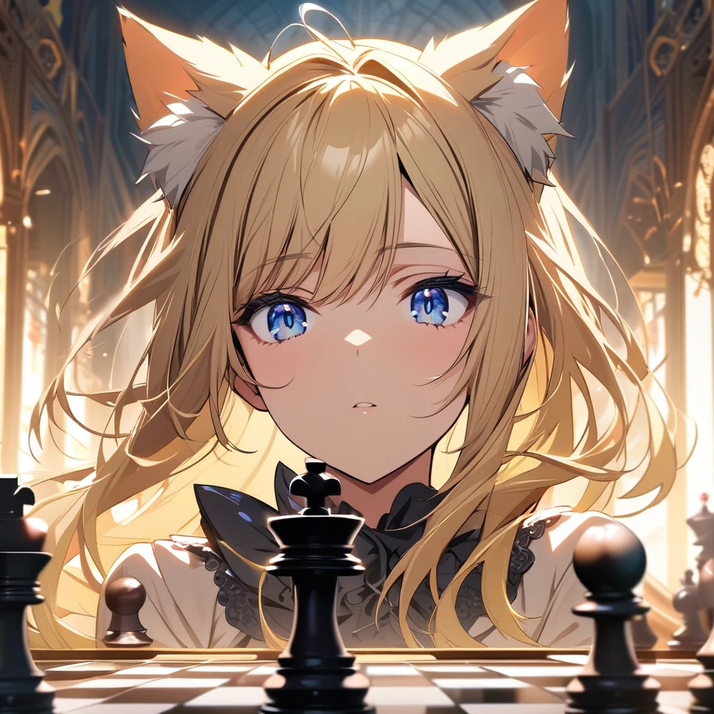 girl, blue eyes, blond hair, cat ears, beautiful, high detail, beautiful backround, adult, playing chess, main face, front face