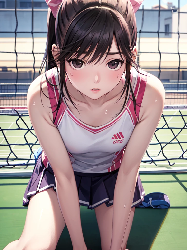 Super Detailed Game CG, (High resolution:1.1),(absurd:1.1), anime, Tennis court、pretty girl, 1 girl, takane manaka, small breasts, black hair ponytail, Loose white and pink tennis wear, bangs,  reflection effect, Reddish cheeks、 beautiful perfect face, droopy eyes、sit on a bench、sweaty、Drink a drink、look far away