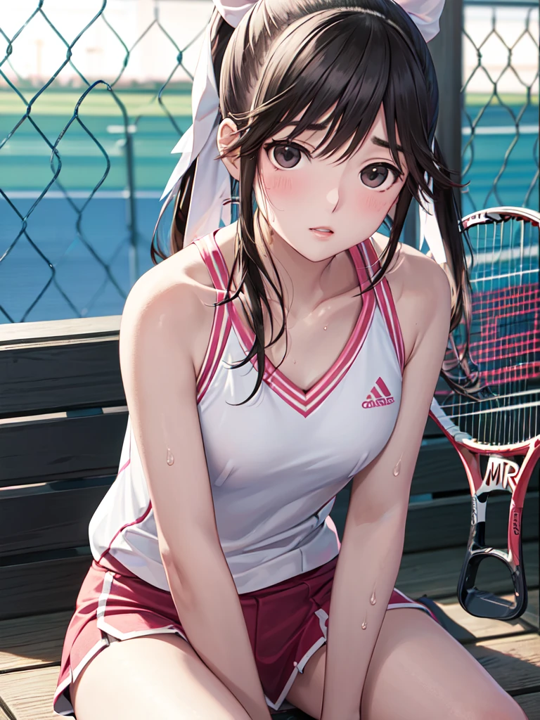 Super Detailed Game CG, (High resolution:1.1),(absurd:1.1), anime, Tennis court、pretty girl, 1 girl, takane manaka, small breasts, black hair ponytail, Loose white and pink tennis wear, bangs,  reflection effect, Reddish cheeks、 beautiful perfect face, droopy eyes、sit on a bench、sweaty、Drink a drink、look far away