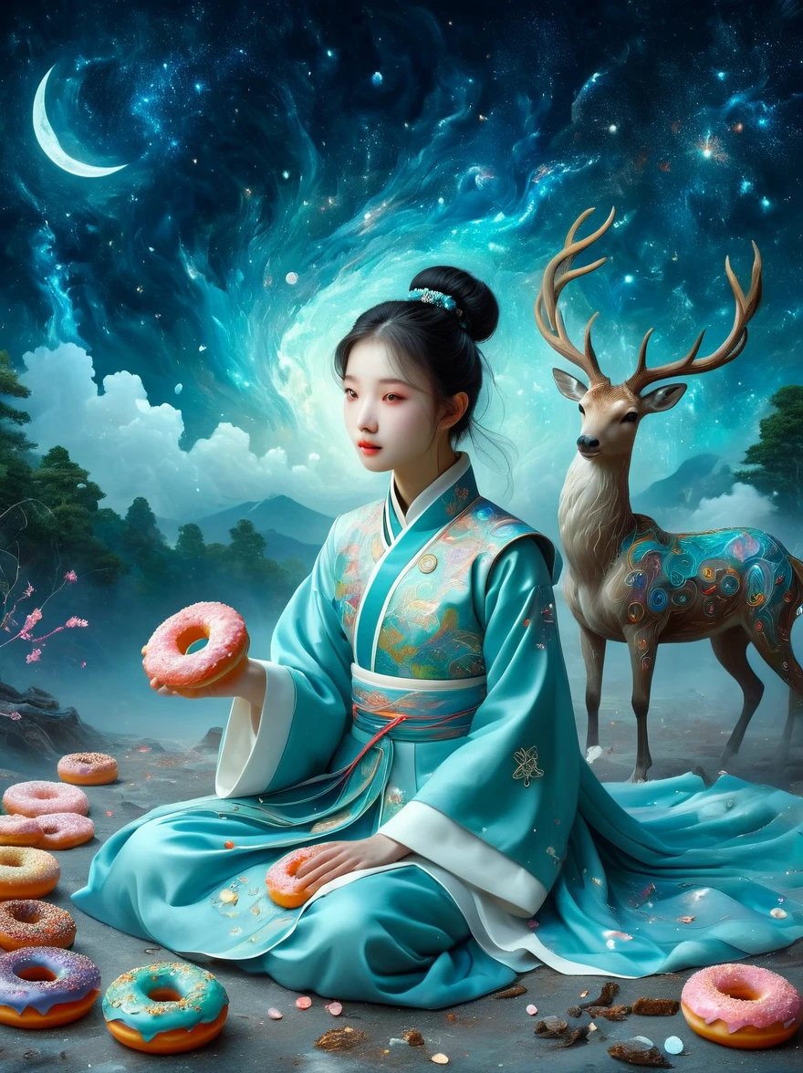 Surreal photos,Nine-Colored Deer Guardian,High-resolution photos,The beautiful nine-colored deer in mythology,A peaceful and dreamy scene,A little girl in Hanfu sits next to a mysterious nine-colored deer,(((Eating donuts))),Donut crumbs fell on the ground,Bitten donut,Detailed donut eating action,The little girl is very cute,Detailed facial details,The background is a magical forest full of spirituality,Create a soft and ethereal atmosphere,The overall composition is beautiful,microorganism,plant,Marine life,Exquisite eyes,Starry Sky,Stitching together an abstract painting,Describing the inner world of autistic people,Sense of space,White Space,interesting,Innocence,Psychedelic Art