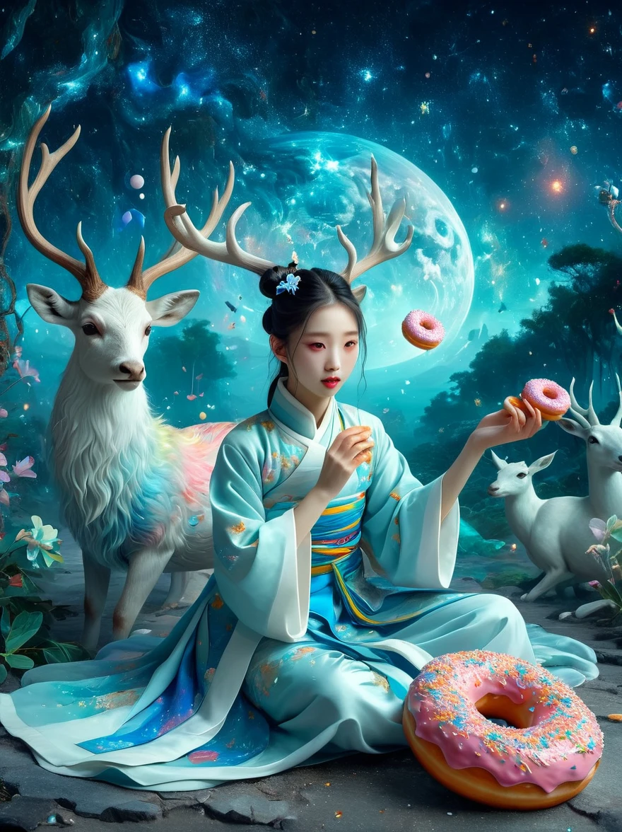 Surreal photos,Nine-Colored Deer Guardian,High-resolution photos,The beautiful nine-colored deer in mythology,A peaceful and dreamy scene,A little girl in Hanfu sits next to a mysterious nine-colored deer,(((Eating donuts))),Donut crumbs fell on the ground,Bitten donut,Detailed donut eating action,The little girl is very cute,Detailed facial details,The background is a magical forest full of spirituality,Create a soft and ethereal atmosphere,The overall composition is beautiful,microorganism,plant,Marine life,Exquisite eyes,Starry Sky,Stitching together an abstract painting,Describing the inner world of autistic people,Sense of space,White Space,interesting,Innocence,Psychedelic Art