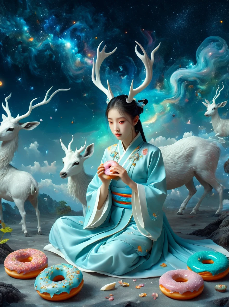 Surreal photos,Nine-Colored Deer Guardian,High-resolution photos,The beautiful nine-colored deer in mythology,A peaceful and dreamy scene,A little girl in Hanfu sits next to a mysterious nine-colored deer,(((Eating donuts))),Donut crumbs fell on the ground,Bitten donut,Detailed donut eating action,The little girl is very cute,Detailed facial details,The background is a magical forest full of spirituality,Create a soft and ethereal atmosphere,The overall composition is beautiful,microorganism,plant,Marine life,Exquisite eyes,Starry Sky,Stitching together an abstract painting,Describing the inner world of autistic people,Sense of space,White Space,interesting,Innocence,Psychedelic Art