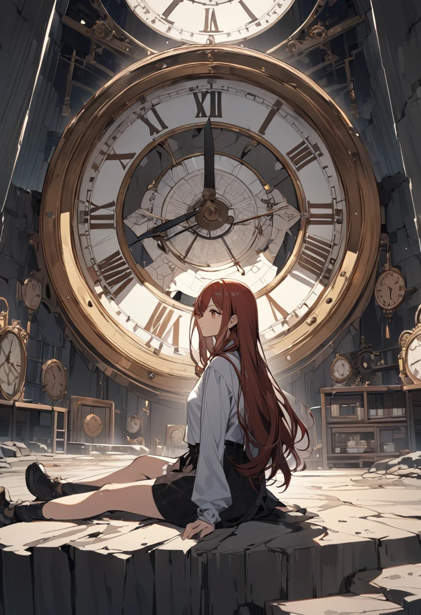 Large clock behind，Sitting in front of the clock，Girl，Long hair，Big scene，Cliff Edge，Top floor