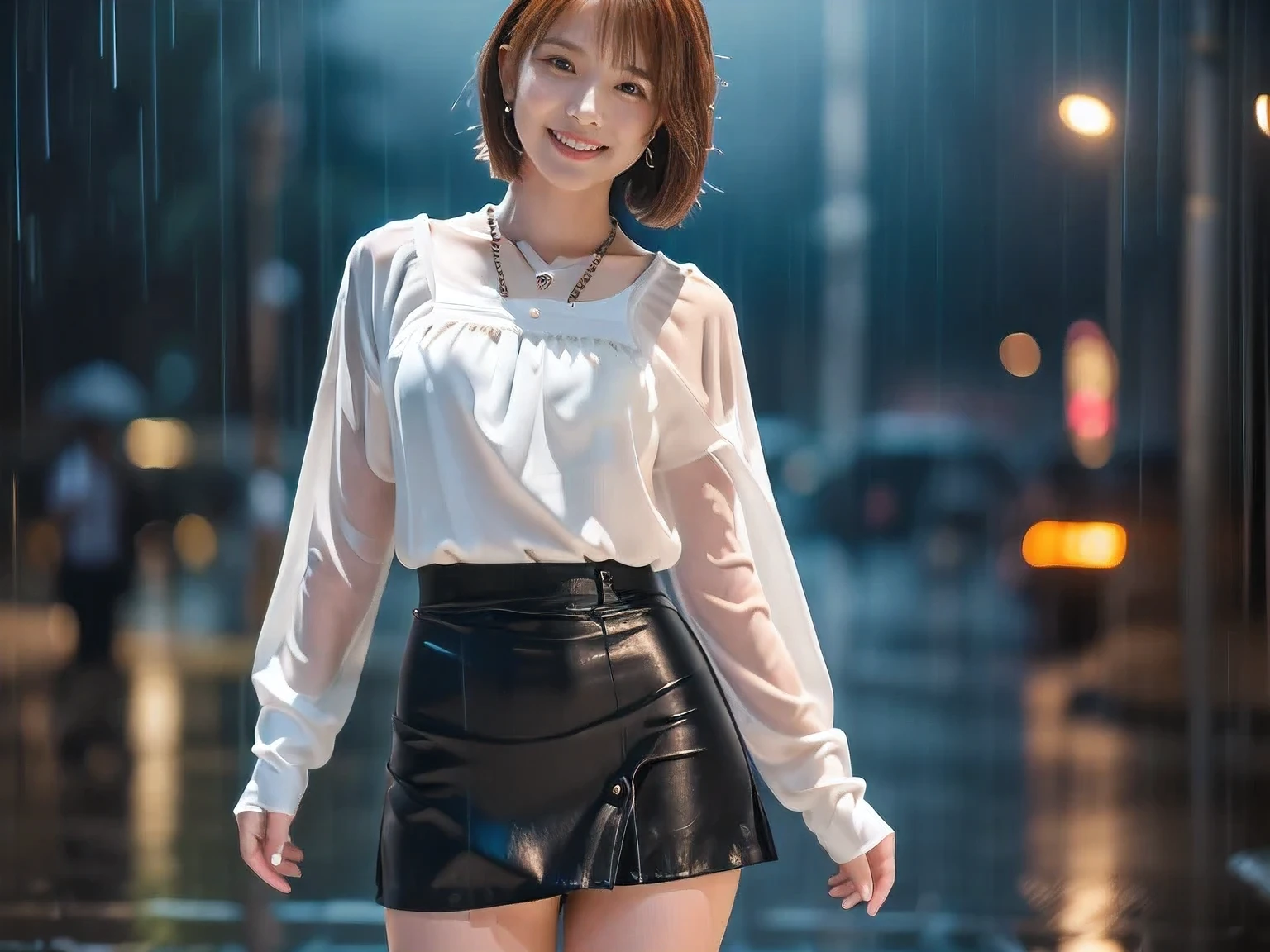 (In a business district at night in the rain:1.5)、(Soaking wet and smiling:1.5)、(A cute 20 year old woman:1.5)、(The best quality at its best:1.4), (Super detailed), (Very detailed CG unified 16k), Beautiful woman with perfect figure: 1.4, Sharp focus: 1.2, Very detailed, High-quality RAW color photos, Professional photography, Great face and eyes, cosmetics, (Amazingly beautiful girl), ((White blouse and black tight skirt:1.5)), Realistic movie faces, Full body long view from head to toe, Realistic, ((Realistic natural orange red hairstyle)), ( Short Bob Hair:1.5), (necklace:1.5)、, Very beautiful face, Perfect model beauty, Mouth swelling, Highly detailed face and skin texture, Fine grain, double eyelid, Medium chest, (masterpiece), Highest quality, High resolution, Very detailed, Blurred Background, Depth of written boundary, Cinema Lighting, Great legs, , Clear, well-maintained skin,((Full body shot from head to toe:1.5))