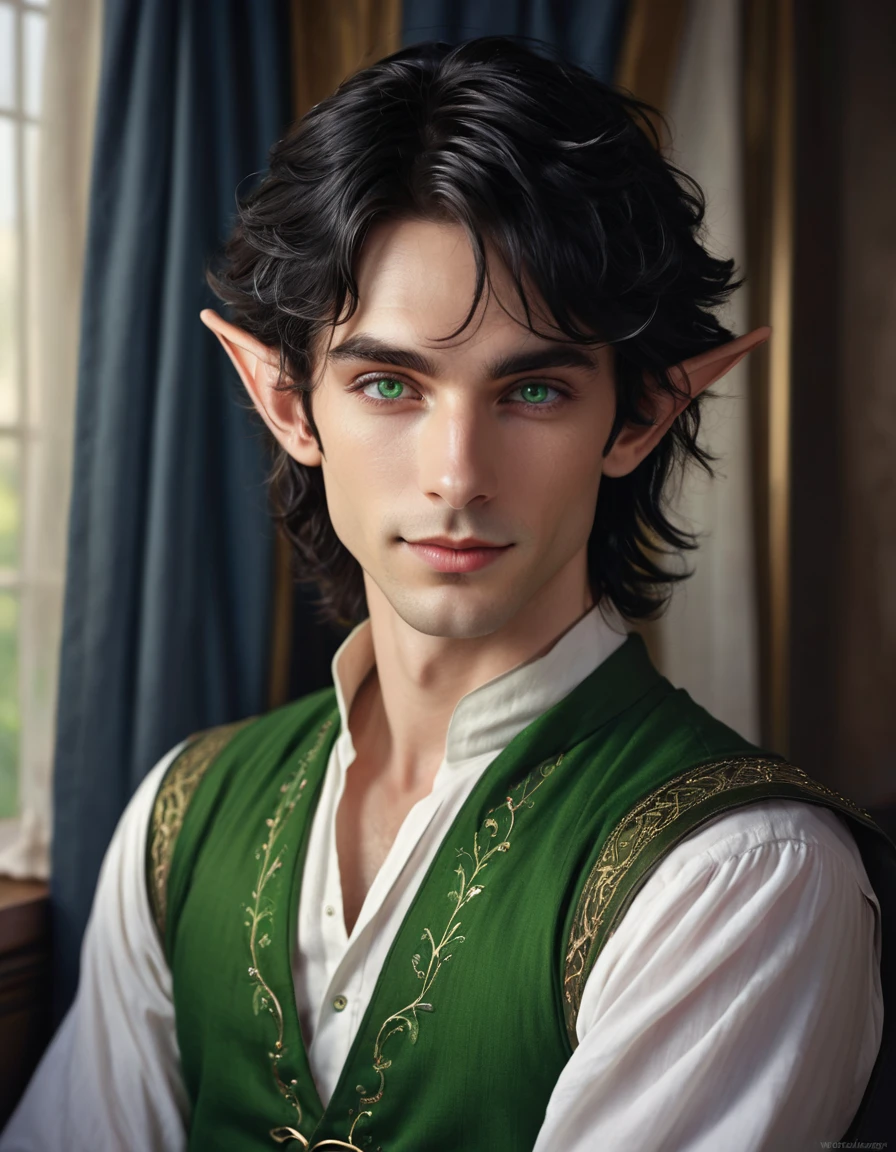 (best quality), 1boy, male, pale skin, black hair, medium hair, curtain hair, tousled hair, green eyes, perfect eyes, dark circles under eyes, tall, slender, handsome, strong jawline, lazy, light smile, attractive, (elf), pointed ears, fantasy clothes, masterpiece, anatomically correct, highres