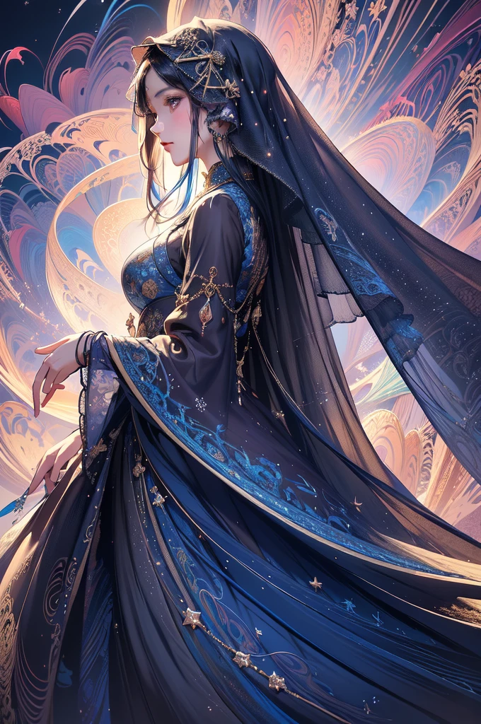 (masterpiece, Highest quality, Highest quality, Official Art, beautifully、aesthetic:1.2), (One girl:1.3), Very detailed,(Fractal Art:1.2),colorful,Most detailed,(Tangled:1.2), (Dynamic pose), (Abstract background:1.5), (treditional dress:1.2), (Shine肌), (Many colors:1.4)
One girl,Realistic style with fantasy elements,High resolution,Realistic blue and light black,Charming and realistic characters,Shine肌,Surrealism,Detailed clothing,Pray and kiss the stars
(((Veil,colorful Veil,光の粒子効果のあるVeil,Shine,dress))),Beautiful Milky Way galaxy background