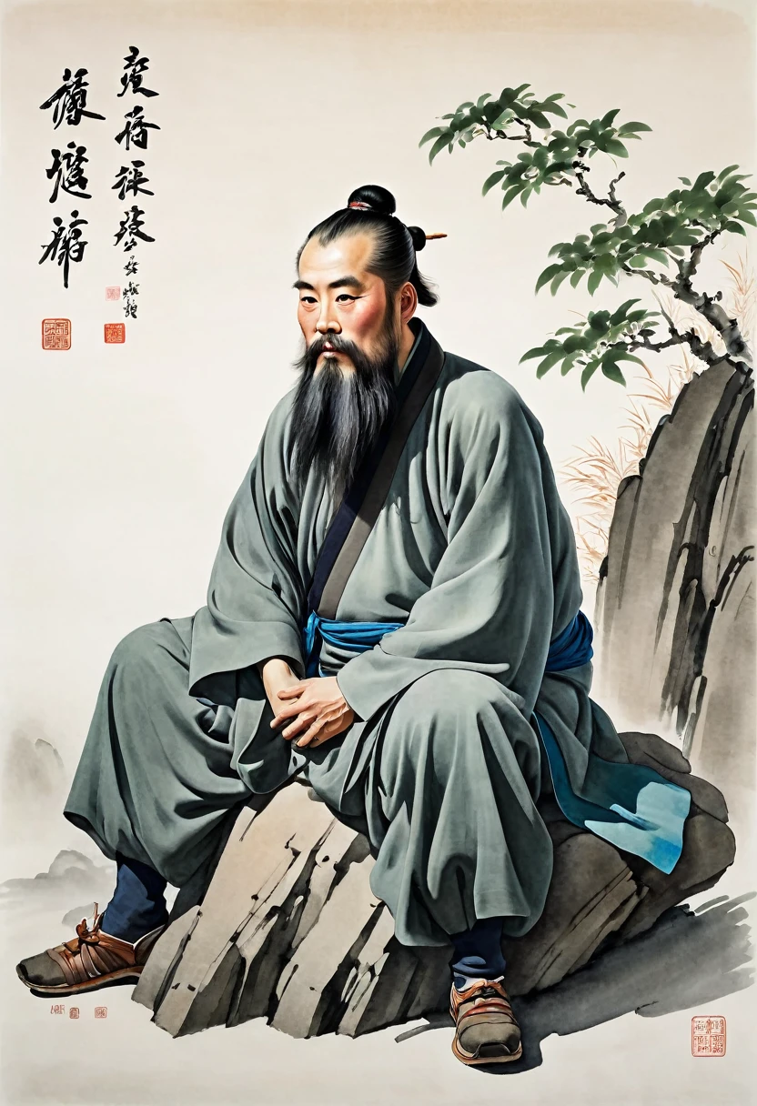 arafed man with a beard and a beard sitting on a rock, hua cheng, inspired by Hu Zaobin, qi sheng luo, traditional chinese art, inspired by Zhang Shunzi, by Wen Boren, chinese art, inspired by Wu Daozi, chinese artist, chi-gong, by Shunbaisai Hokuei