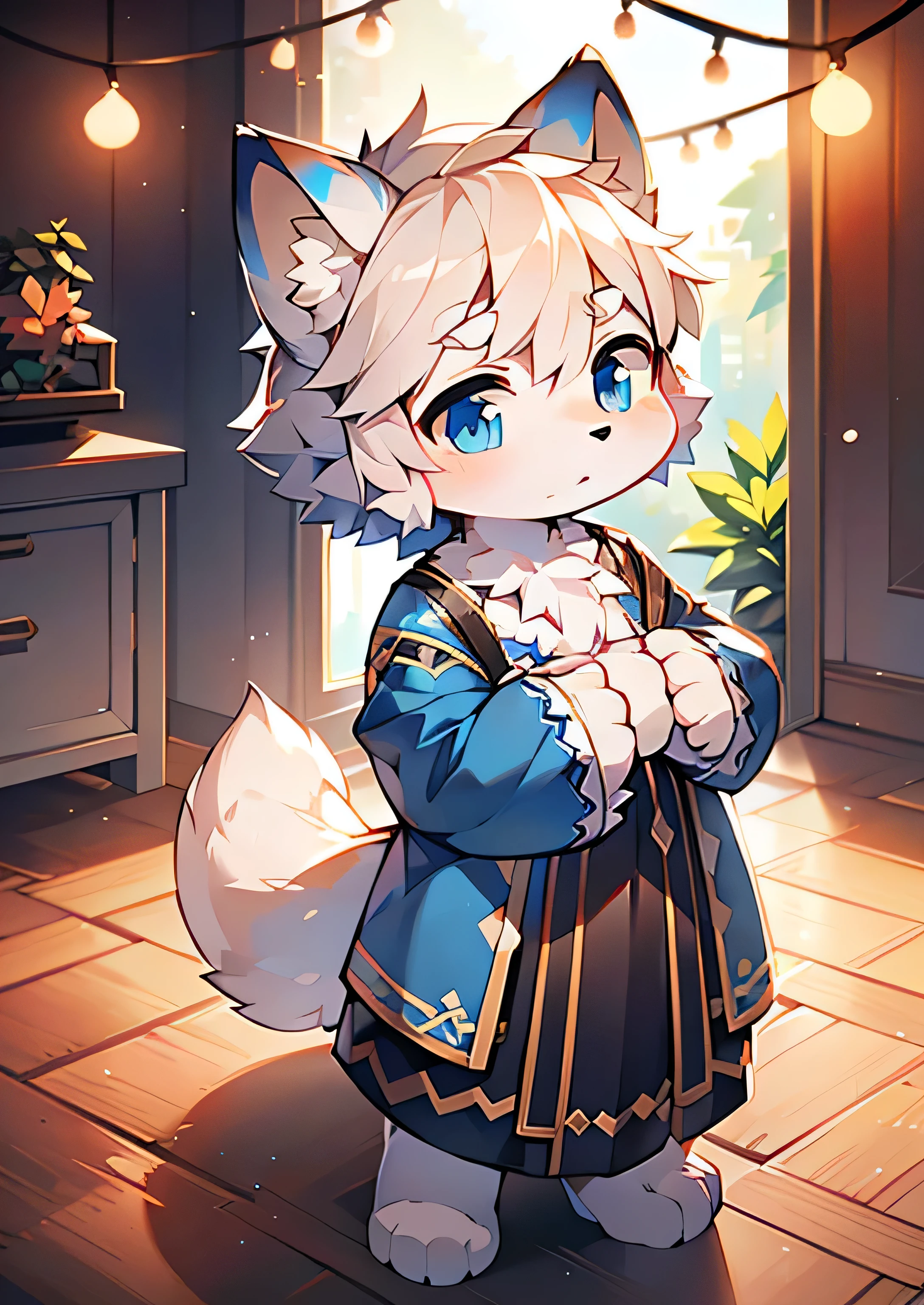 short white haired,( big blue eyes),anthropomorphic standing furry little wolf,((full body furry)), cute,(head bust close-up),Beautiful lights and shadows,delicate eyes,8k, highres, masterpiece, usharp focus, extreme detail description, professional, vivid colors, bokeh，