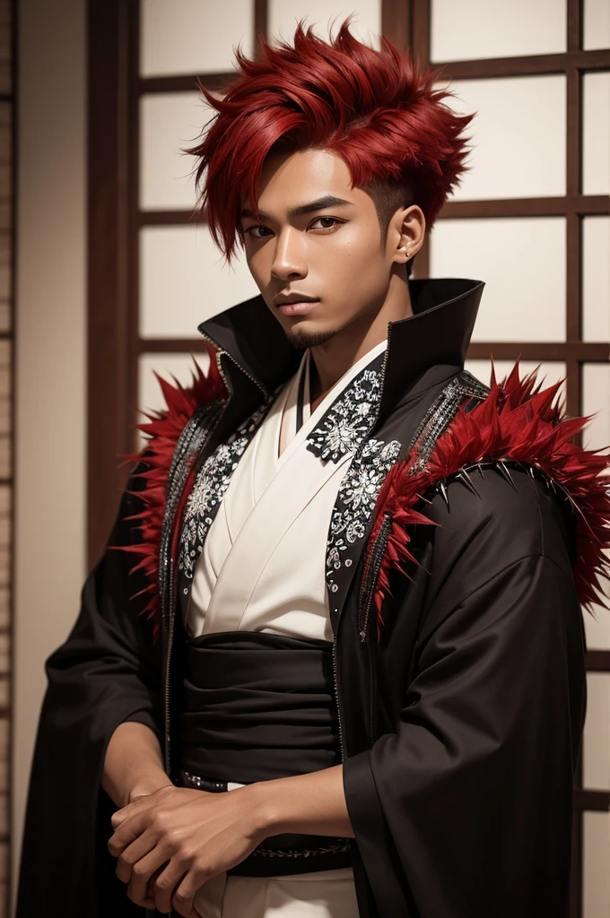 a dark skin male with spiky red hair, a little strong, with brown eyes, with a black and white kimono.
