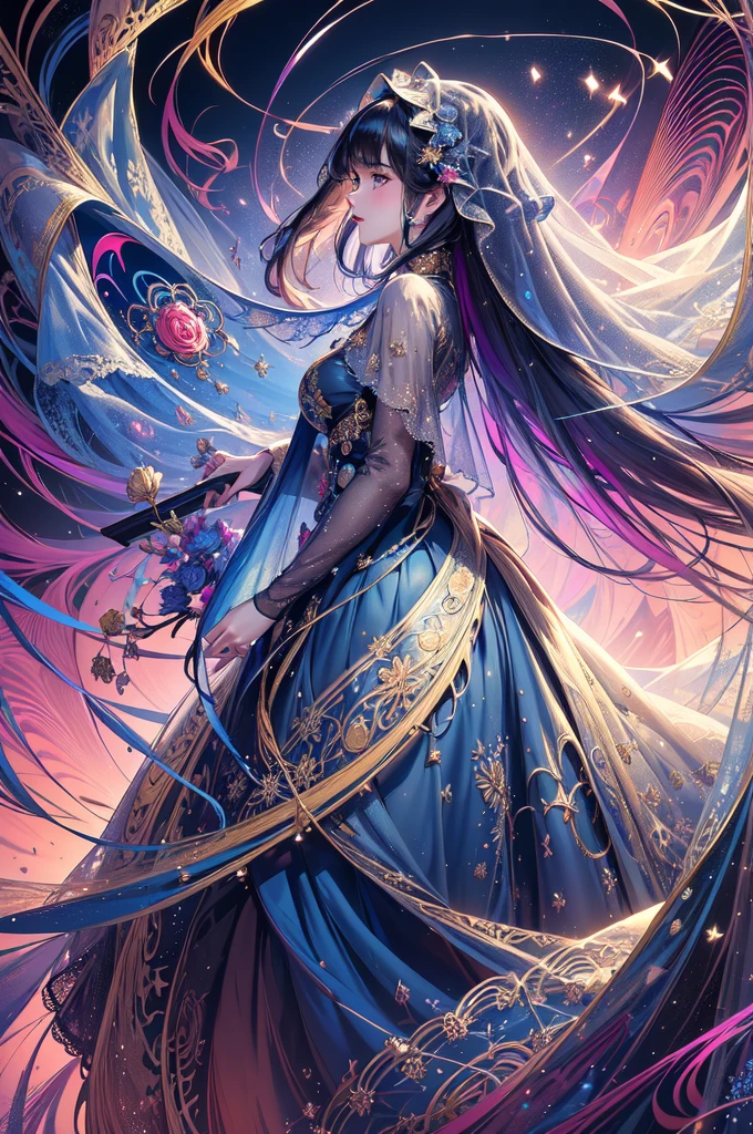 (masterpiece, Highest quality, Highest quality, Official Art, beautifully、aesthetic:1.2), (One girl:1.3), Very detailed,(Fractal Art:1.2),colorful,Most detailed,(Tangled:1.2), (Dynamic pose), (Abstract background:1.5), (treditional dress:1.2), (Shine肌), (Many colors:1.4)
One girl,Realistic style with fantasy elements,High resolution,Realistic blue and light black,Charming and realistic characters,Shine肌,Surrealism,Detailed clothing,Pray and kiss the stars
(((Veil,colorful Veil,光の粒子効果のあるVeil,Shine,dress))),Beautiful Milky Way galaxy background