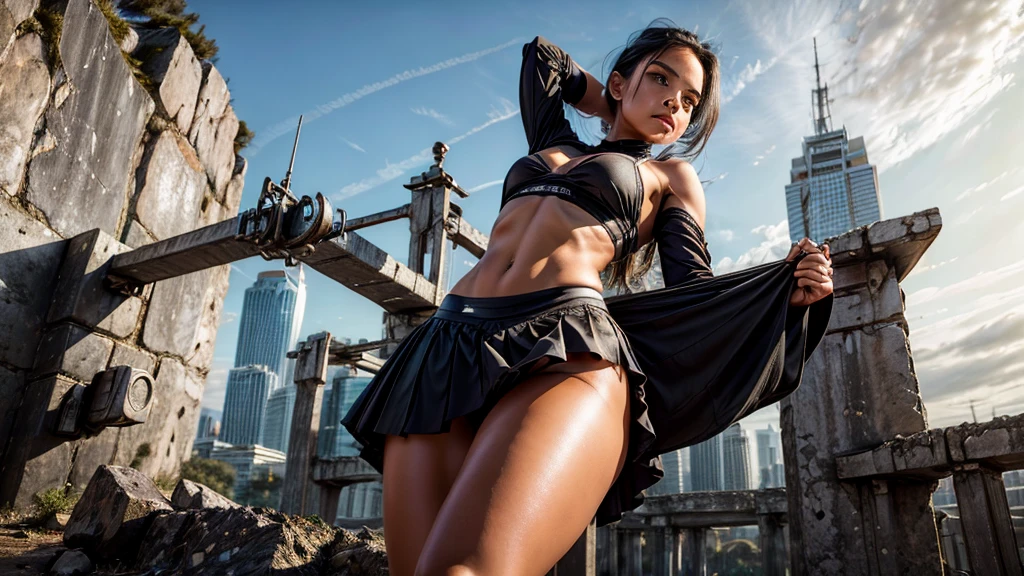 girl lifting the hem of her skirt, holding skirt up, get out high, super low-cut outfit, low frame- black panties