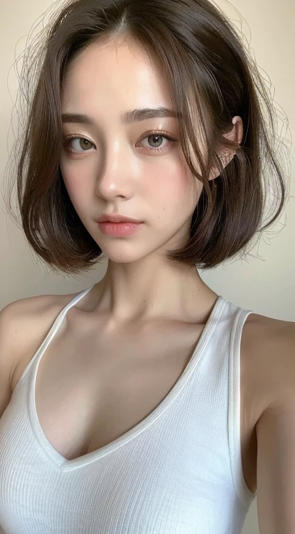 ((Highest quality, 8k, masterpiece :1.3)), One girl, Beautiful woman with slim abdominal muscles :1.3, (Random Hairstyles :1.2), Oversized tank top :1.2, Highly detailed face, Detailed eyes, double eyelid, Underarm