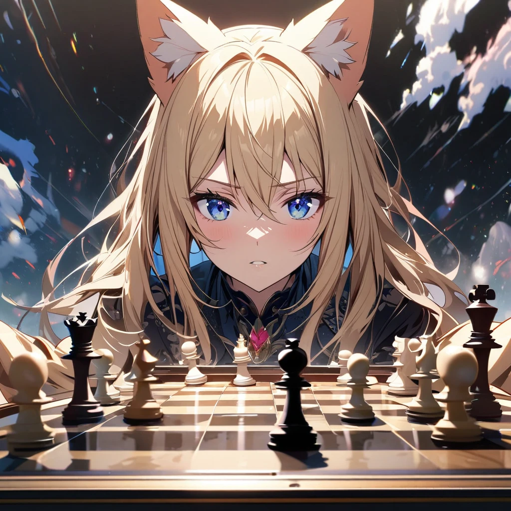 girl, blue eyes, blond hair, cat ears, beautiful, high detail, beautiful backround, adult, playing chess, main face, front face