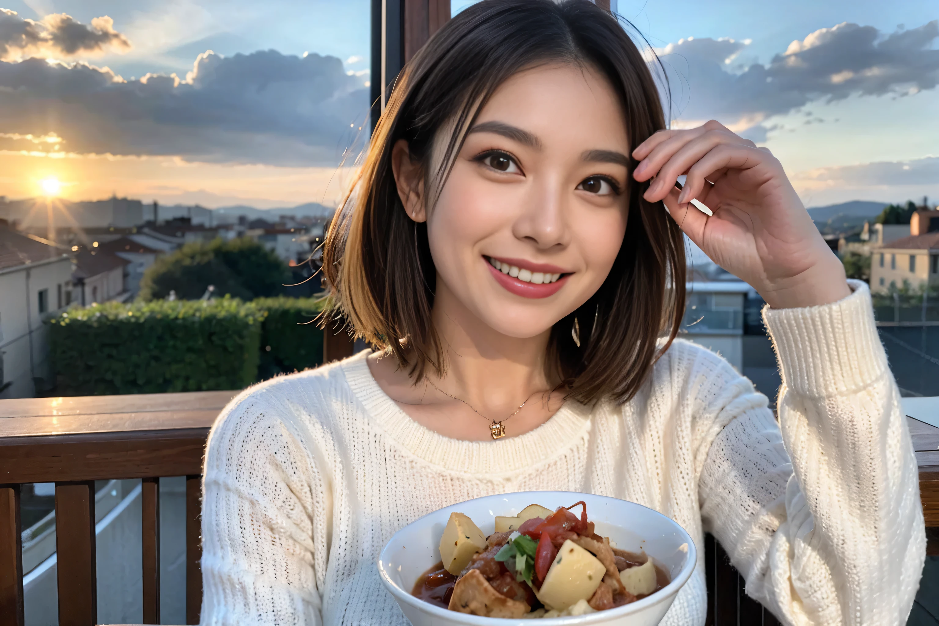 (Realistic:1.1),(masterpiece,Highest quality),8k,(49 years old), 53 years old, slimカップル、Tight waist,Upper Body,full-course dinner、wine 、Amazing view of the sunset sky and clouds、Perfect Anatomy, Brown Hair, short hair,Random Hairstyles,((Highly detailed face and eyes:1.2)),Perfect golden ratio face,Long sleeve shirt、dress,(smile:1.2)、Shortcuts、cute、(Realistic, Intricate details:1.2), A bright smile、short hair,Bright Face、赤wine 、Appetizers、Italian food、wine bottle、Champagne、スパークリングwine、(slimな顔), (The body is slim), (Brown Hair), (Shortcuts), Upper Body, 白wine, slim, wineグラス,