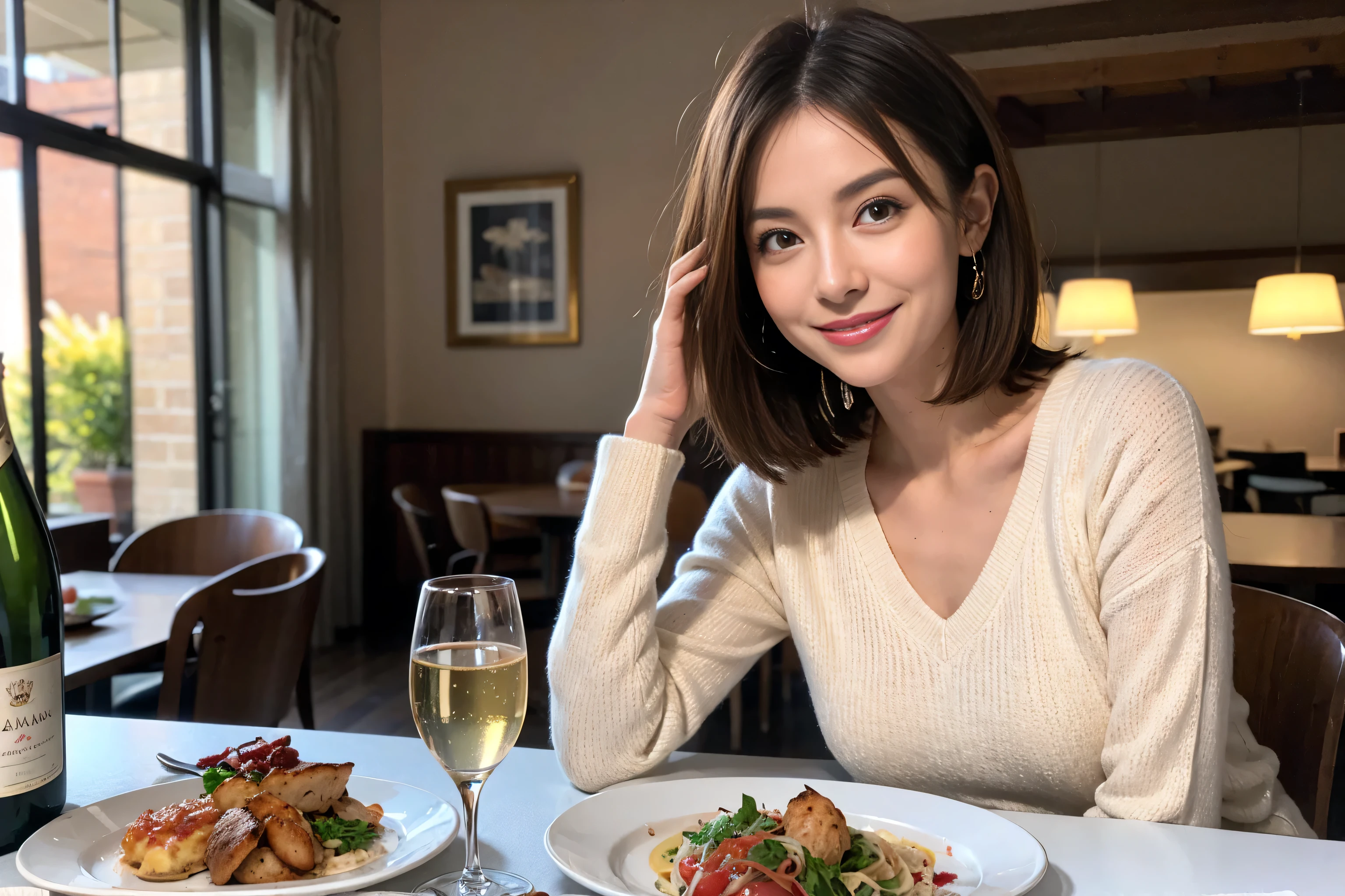 （Realistic:1.1）,(masterpiece,Highest quality)，8k,(49 years old), 53 years old, slimカップル、Tight waist,Upper Body,full-course dinner、wine 、Amazing view of the sunset sky and clouds、Perfect Anatomy, Brown Hair, short hair,Random Hairstyles,((Highly detailed face and eyes:1.2))，Perfect golden ratio face，Long sleeve shirt、dress,(smile:1.hortcuts、cute、(Realistic, Intricate details:1.2), A bright smile、short hair,Bright Face、赤wine 、Appetizers、Italian food、wine bottle、Champagne、スパークリングwine、(slimな顔), (The body is slim), (Brown Hair), (Shortcuts),  Upper Body, 白wine, slim, wineグラス, 