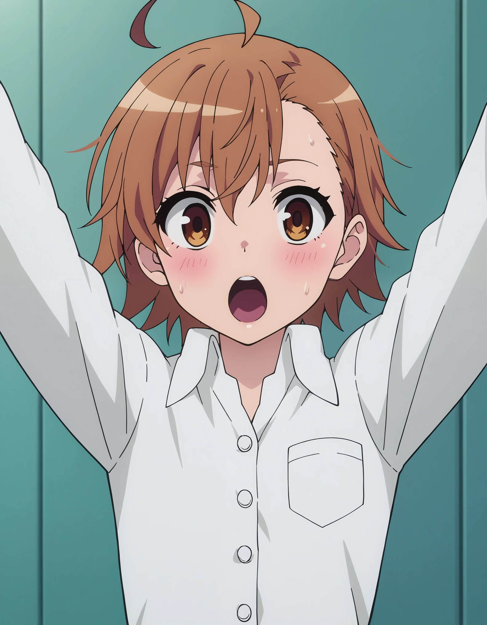 score_9, score_8_up, score_7_up, score_6_up, source_anime, anime screencap, 1girl, solo, 
LastOrd_T1V0, female , brown hair, short hair, asymmetrical hair, ahoge, brown eyes, flat chest, blush, 
white shirt, collared shirt, oversized shirt, buttons, long sleeves, 
arms up, spread arms, outstretched arms, 
looking at viewer, surprised, open mouth, wide-eyed, sweatdrop, 
indoors, upper body,