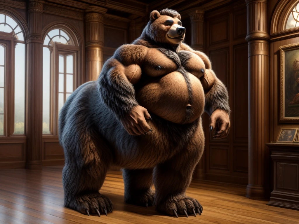 furry, fur taur, huge bear, beartaur, middle-age, solo,1man, detailed face, bear ears, bear eyes(green), bear nose(black), bear mouth, garibaldi beard(grey), hair, mature hair(grey), detailed arm, thick arm, forearm hair, muscular, thick hands(5 fingers), thick claws, detailed body belly, thick body, brown skin, muscle belly(white), thick chest, chest hair(white), nipples, detailed taur body, thick taur body, waist hair, thick bear paws, bear paws hair, thick bear claws, thick bear tail, bear tail, full body shot, standing in the museum