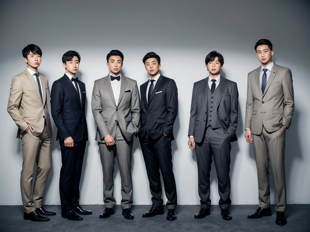 Four Asian men in their 20s are standing. All are wearing black shoes. All are wearing suit suits. Each suit color is black, gray, navy, and beige clothes.