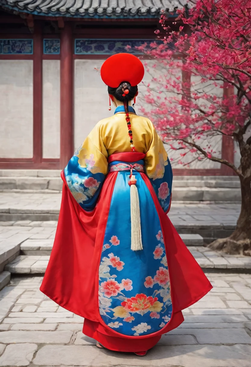 A photo from behind the stone pavement outside the Qing Dynasty Palace、Empress of the Qing Dynasty、She is wearing a bright red Manchu outfit with floral patterns.., Her hair is big, Fancy flowers and hairpins. In this diagram、、The loincloth is hanging down、Big butt exposure。.