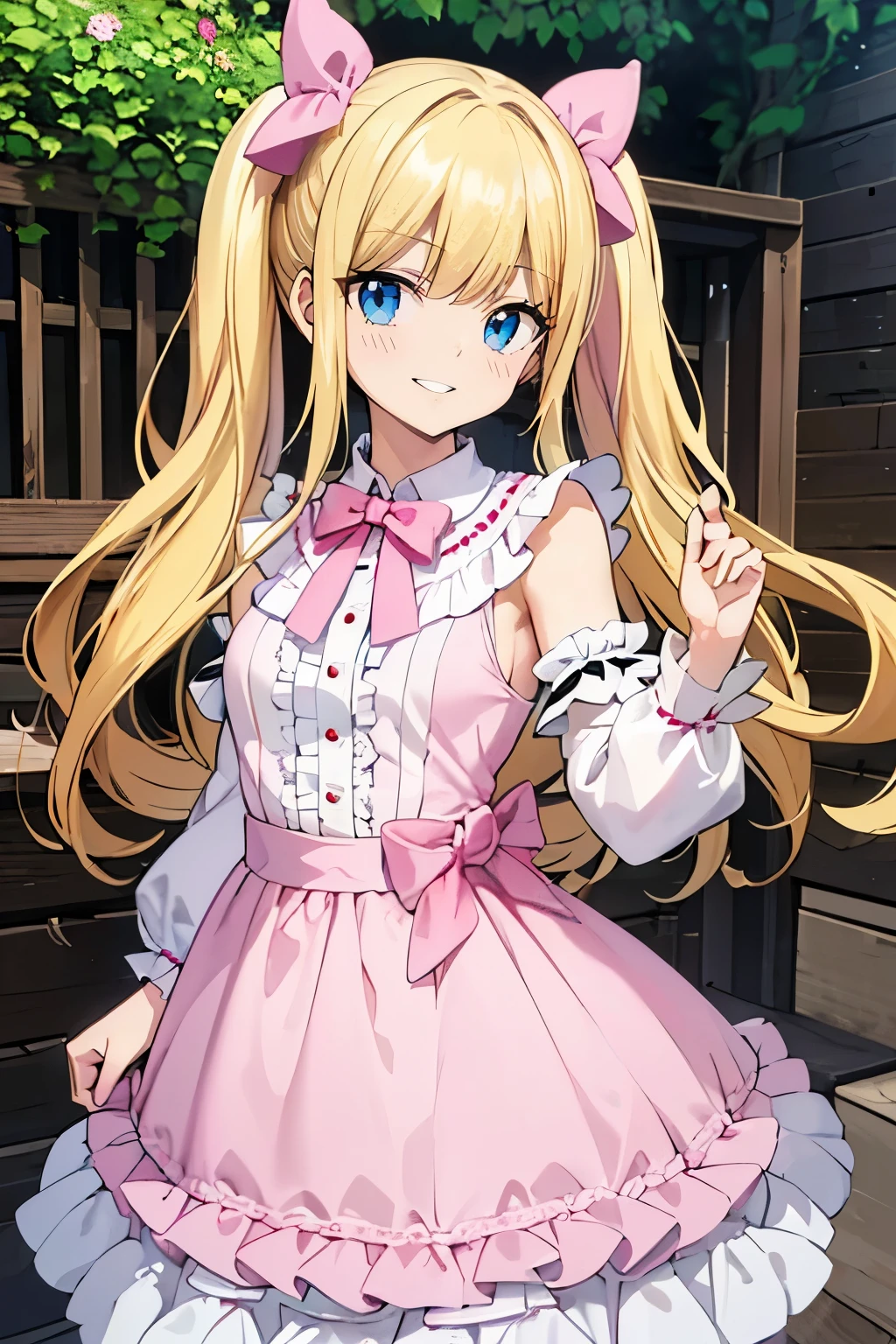 Safe for work, masterpiece, best quality, solo, 1 girl, cute girl, wholesome girl, (young female body:1.4), ( medium small breasts), cowboy shot, shy smile, flustered, yellow hair, thick wavy hair, hime cut, very blunt bangs, light blue eyes, detailed eyes, outside, lolita fashion, pink lolita dress, pigtails, cozy background