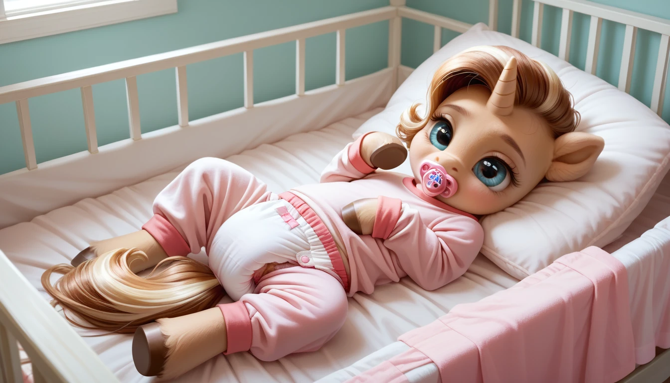 pony, light caramel unicorn, adult filly, sleeps in a crib, wearing a pink pajamas, pink pacifier in mouth, solo, thick baby pink diaper under clothes, foal bedroom background.