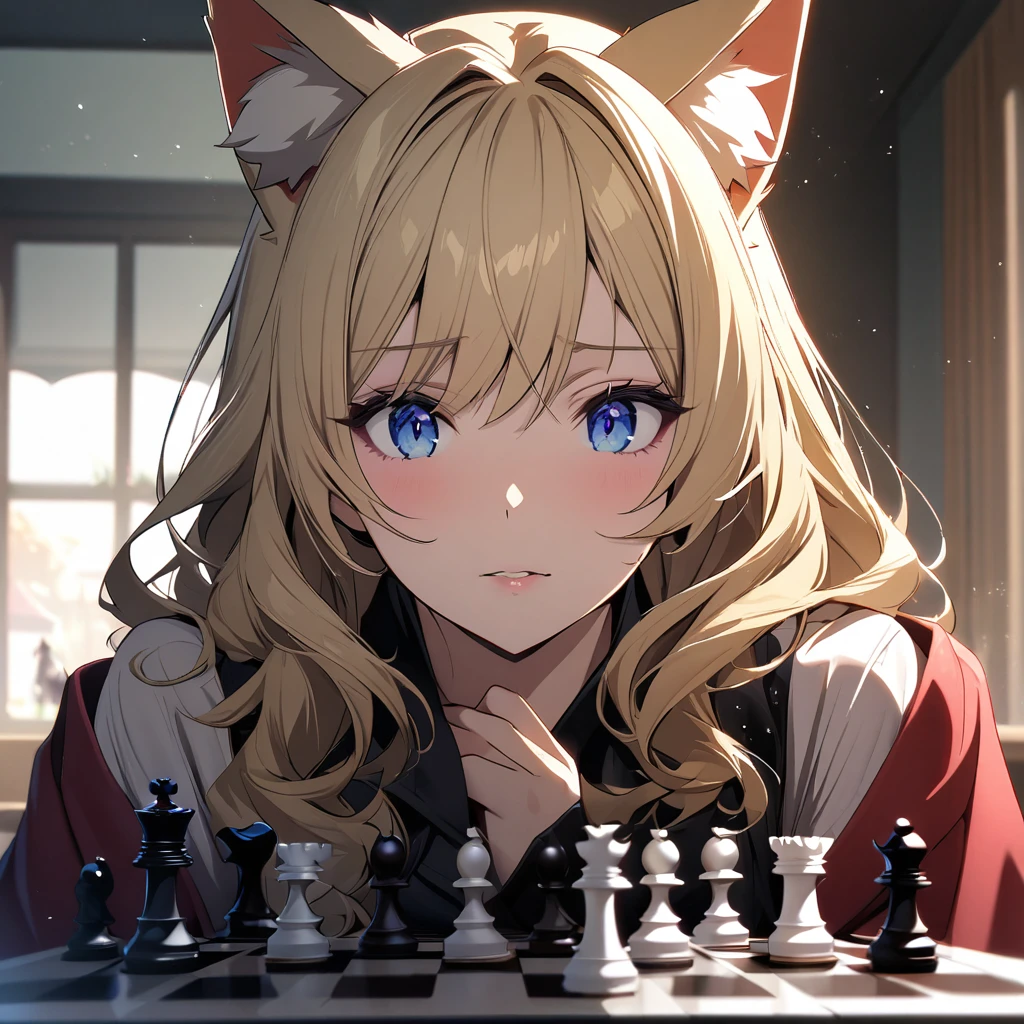 girl, blue eyes, blond hair, cat ears, beautiful, high detail, beautiful backround, adult, playing chess, main face, front face, mature