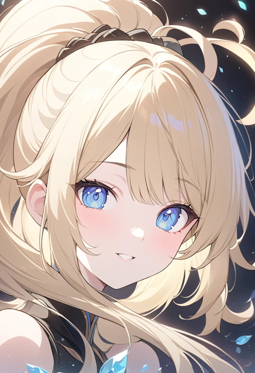 Anime style、one person１８Beautiful woman age、Moisturize beautiful eyes、feature、picture、Hermaphroditic Huns、Oval jaw、Beautiful、Beautiful expression、Nice blonde、Long bangs、Long Ponytail、Blue eyes radiate beautiful light、LDS Art