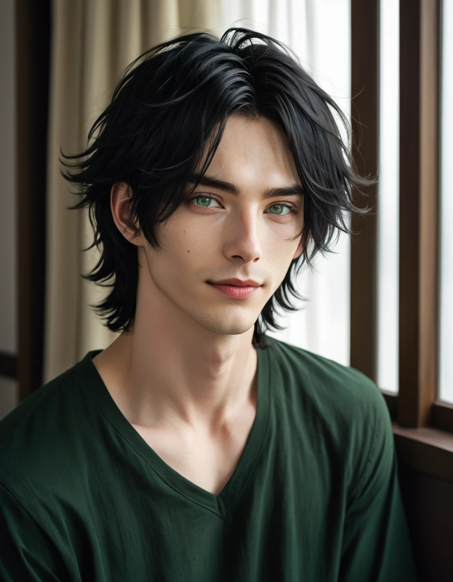 (best quality), 1boy, male, pale skin, black hair, medium hair, curtain hair, tousled hair, green eyes, perfect eyes, dark circles under eyes, tall, slender, handsome, strong jawline, lazy, light smile, attractive, basic black long sleeve v neck shirt, Tomura Shigaraki, masterpiece, anatomically correct, highres