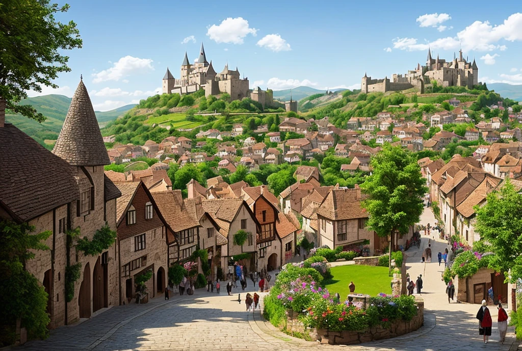 A medieval townscape,Art Concept,design,Number of villagers、You can see the castle in the distance