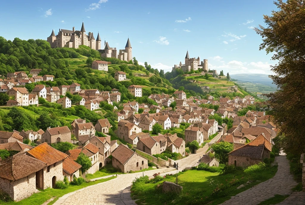 A medieval townscape,Art Concept,design,Number of villagers、You can see the castle in the distance