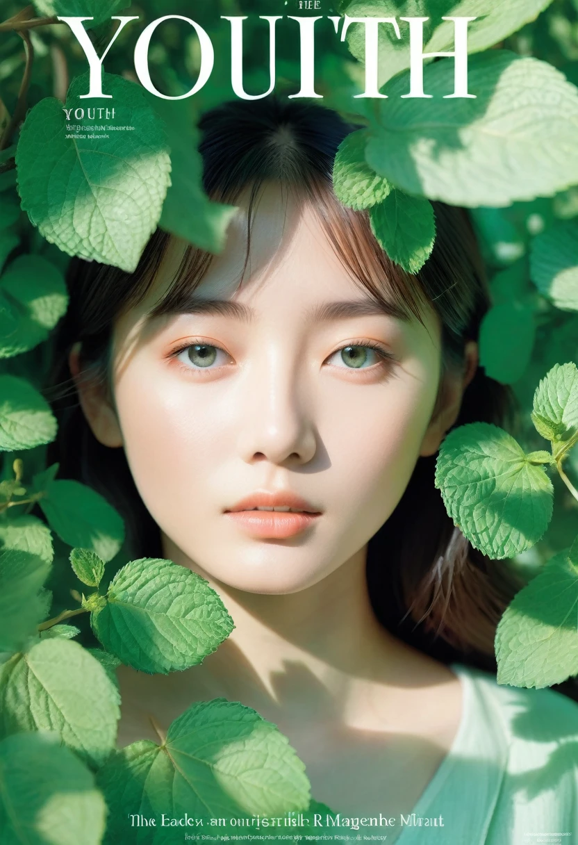 Literary magazine cover,Multiple youth,Close-up of face,The sunlight shines through the gaps in the leaves, casting dappled light and shadows,Fresh and natural,Dreamy mint green,Literary poster layout,The title says "youth" in English font