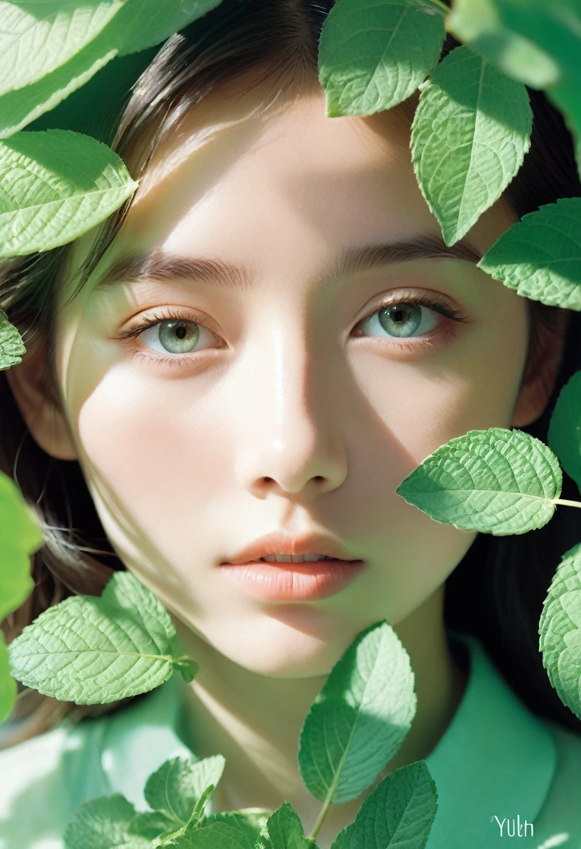 Literary magazine cover,Multiple youth,Close-up of face,The sunlight shines through the gaps in the leaves, casting dappled light and shadows,Fresh and natural,Dreamy mint green,Literary poster layout,The title says "youth" in English font