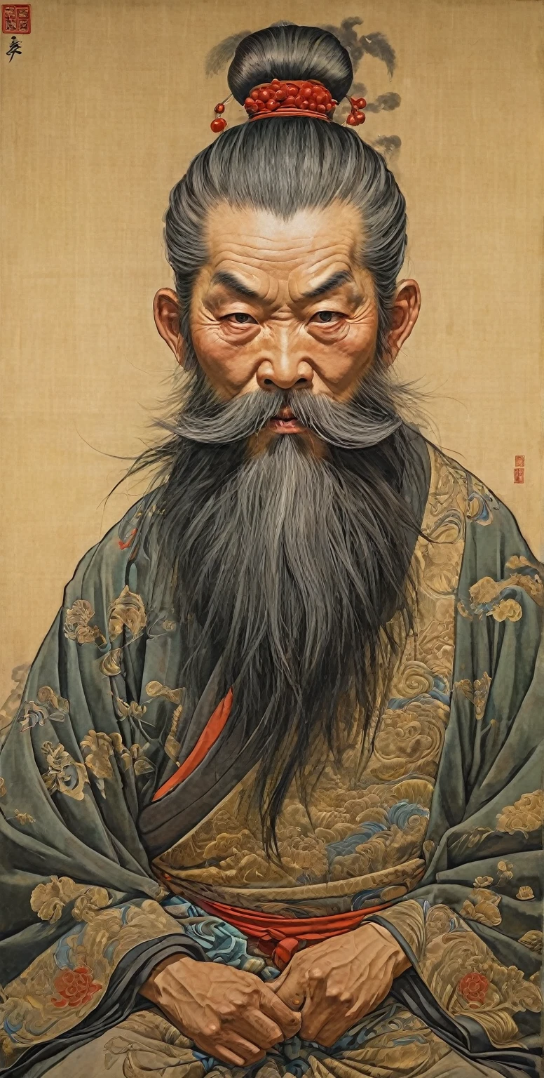 a close up of a painting of a man with a beard and a beard, asura from chinese myth, chi-gong, akira from chinese mythology, chinese mythology, in style the demon seated, by Zhu Da, chinese surrealism, inspired by Wu Daozi, hua cheng, kawanabe kyosai, inspired by Hu Zaobin, by Wen Boren