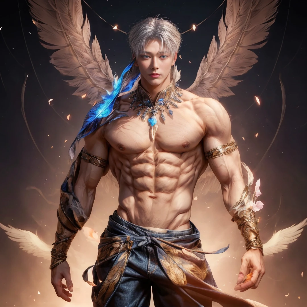 Japanese male model, adult, handsome, perfect face, detailed eyes and face, clean shaved, sixpack realistic, white eyebrow hair, white eyelashes, dynamic lighting, unreal engine 5, hd picture, satoru gojo, white hair, short hair ,hair between eyes ,blue eyes, white skin, Short jeans, Phoenix wing detail