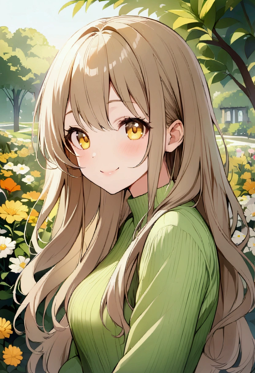 high quality, Draw Amount, pixiv illustrations, beautiful, Brown, Soft hair, Long hair, Yellow eyes, Soft green sweater, Botanical Gardens, flower、Smile