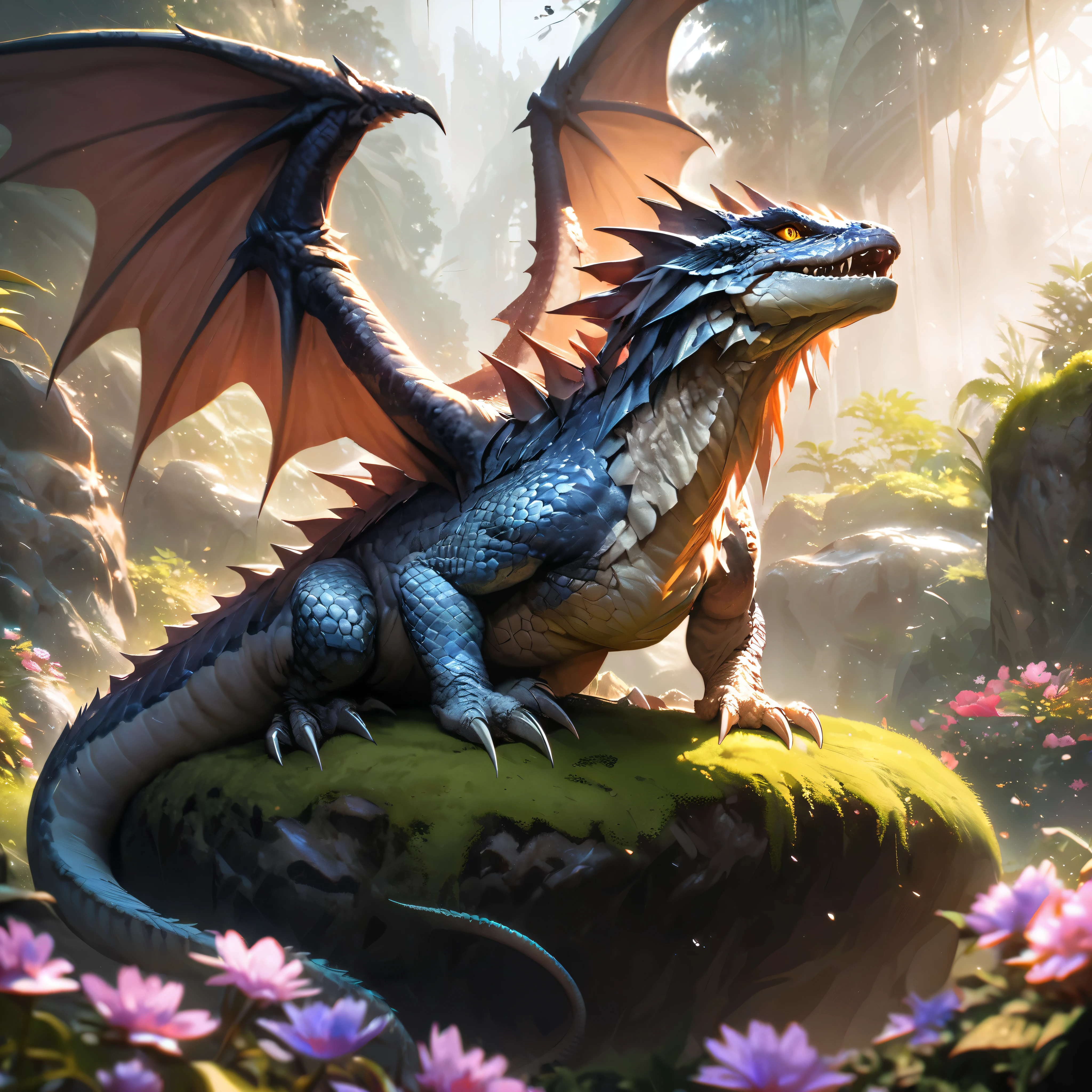 Wings:1,(best quality,realistic,ultra-detailed),dragon and bearded dragon hybrid,bearded dragon,tan and albino blue dark coloring,scaly texture,detailed scales,sharp claws,piercing eyes,long tail,wings sprouting from the back of the dragon,majestic posture,in a lush garden surrounded by blooming flowers,on top of a moss-covered rock,soft sunlight casting warm shadows,vibrant colors,powerful presence,natural blending of dragon and bearded dragon features,exquisite attention to detail, horn, swam environment