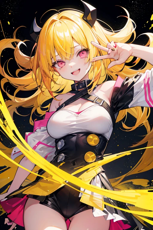 original character , One girl, (Crazy Smile:1.2) , Blonde , bangs , Crazy Eyes , Put your hands on your face , Yellow blood splatter on face , Yellow and black color scheme, Open your mouth, (Eyes Wide Open:1.2), Glowing Eyes, left Star-shaped eyes, Star-shaped eyes, Pink Eyes, Pink Eyes