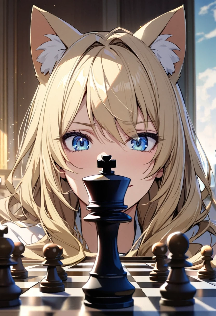 girl, blue eyes, blond hair, cat ears, beautiful, high detail, beautiful backround, playing chess, main face, front face, mature, innocent