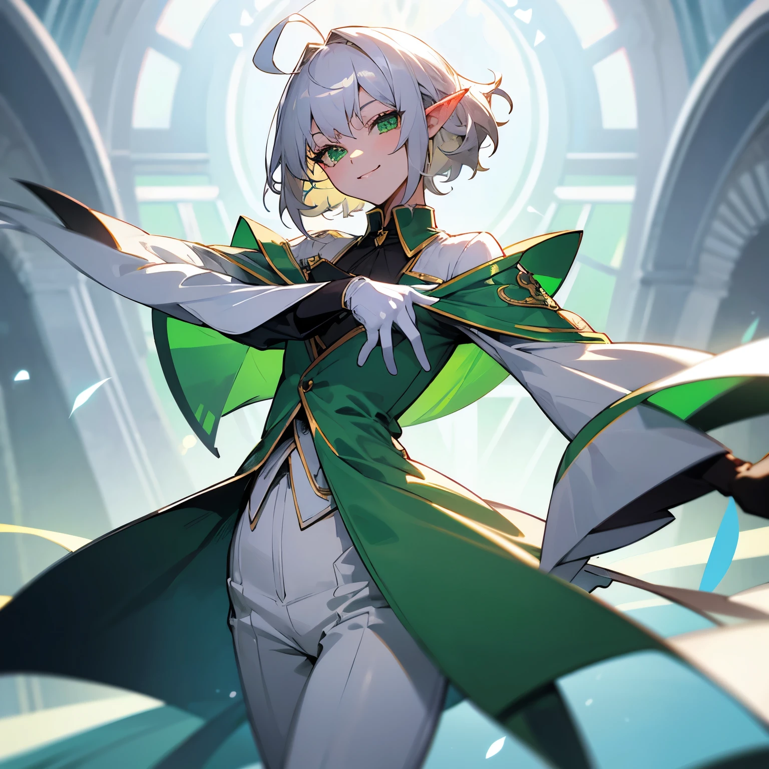 Elf, silver hair,short hair, medium cut, ahoge, curly hair,green eyes,slender, fair skin, cool Smile , White gloves, long boots, pants, tailcoat, Dance party, upper body, looking at viewer, inside, mansion