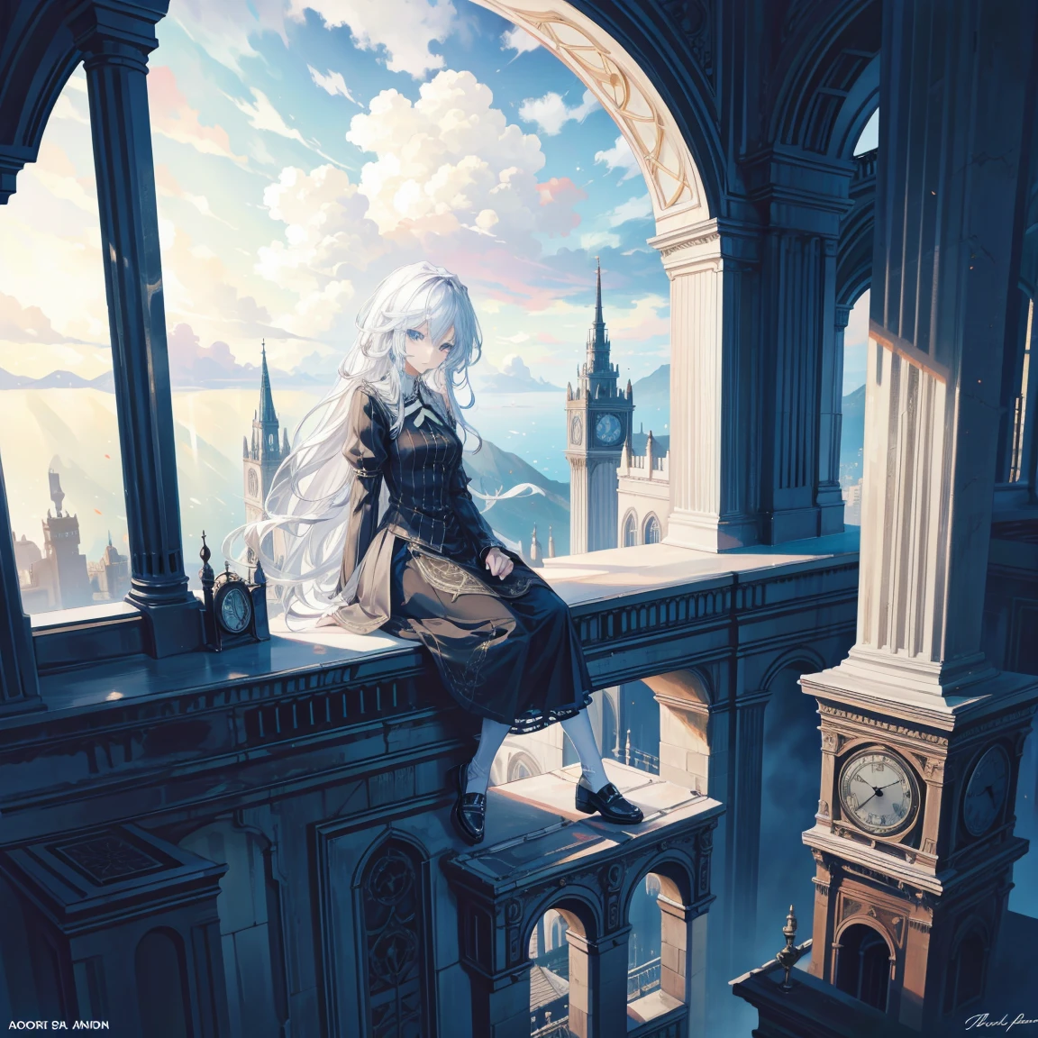 Large clock behind，Sitting in front of the clock，Girl，Long hair，Big scene，Cliff Edge，Top floor