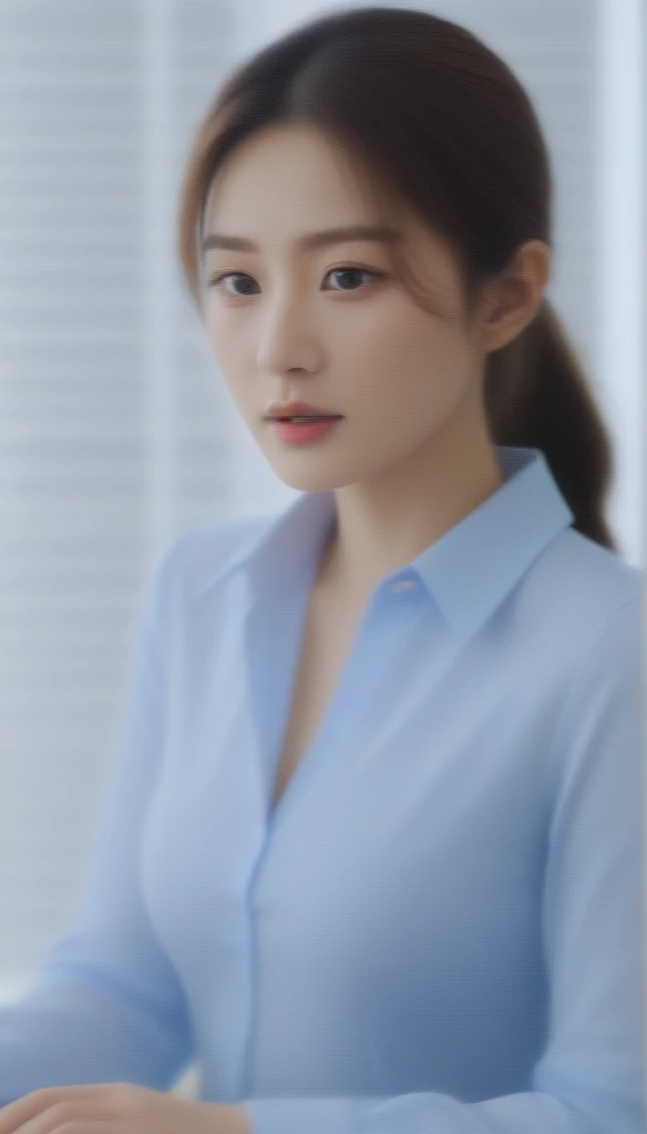 close-up of beautiful beautiful korean female, 36 inch breasts size, wearing thin blue long sleeves collar shirt, typing computer, in the office, beside the window, cinematic scene, retina