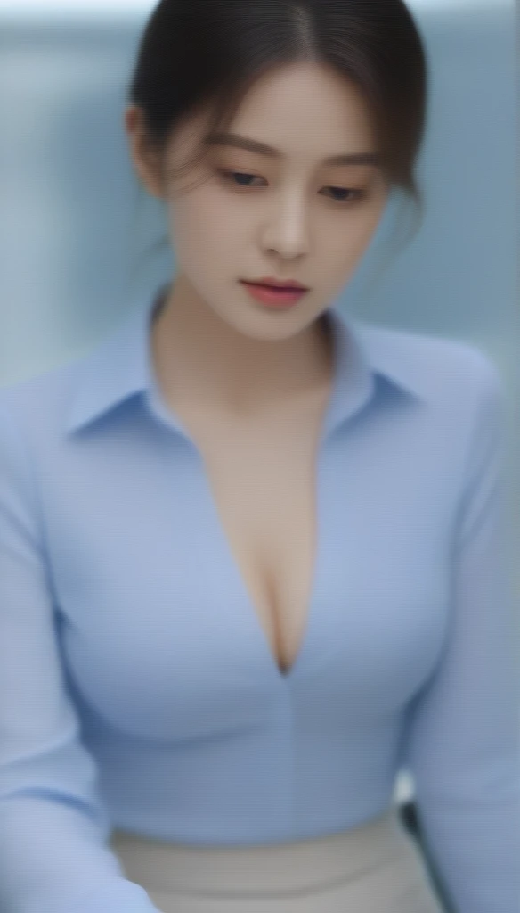 close-up of beautiful beautiful korean female, 36 inch breasts size, wearing thin blue long sleeves collar shirt, typing computer, in the office, beside the window, cinematic scene, retina