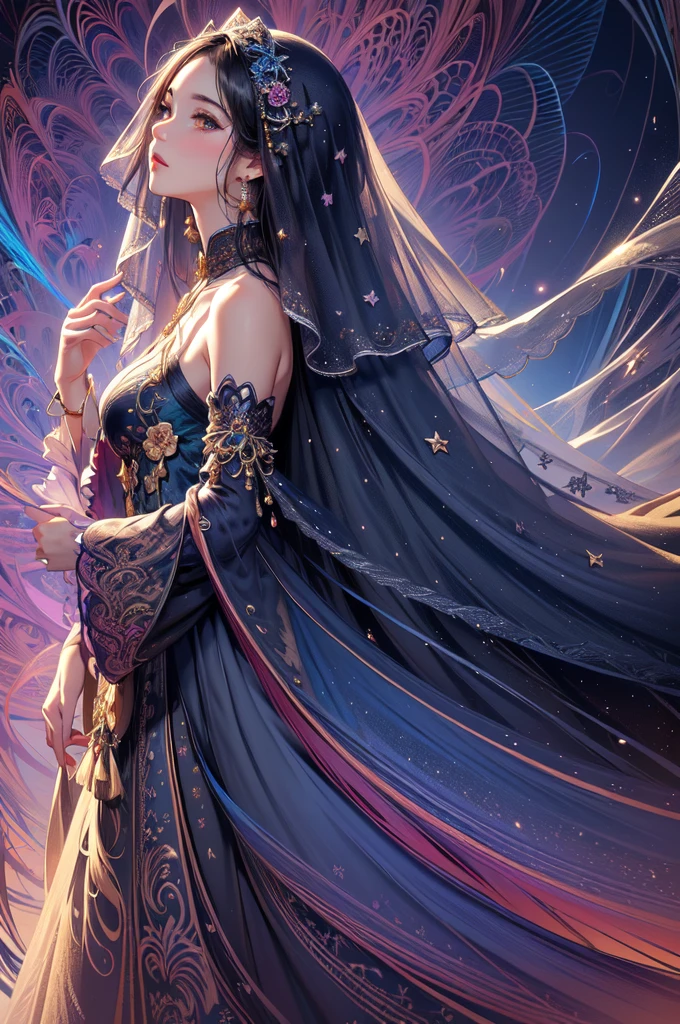 (masterpiece, Highest quality, Highest quality, Official Art, beautifully、aesthetic:1.2), (One girl:1.3), Very detailed,(Fractal Art:1.2),colorful,Most detailed,(Tangled:1.2), (Dynamic pose), (Abstract background:1.5), (treditional dress:1.2), (Shine肌), (Many colors:1.4)
One girl,Realistic style with fantasy elements,High resolution,Realistic blue and light black,Charming and realistic characters,Shine肌,Surrealism,Detailed clothing,Pray and kiss the stars
(((Veil,colorful Veil,光の粒子効果のあるVeil,Shine,dress))),Beautiful Milky Way galaxy background