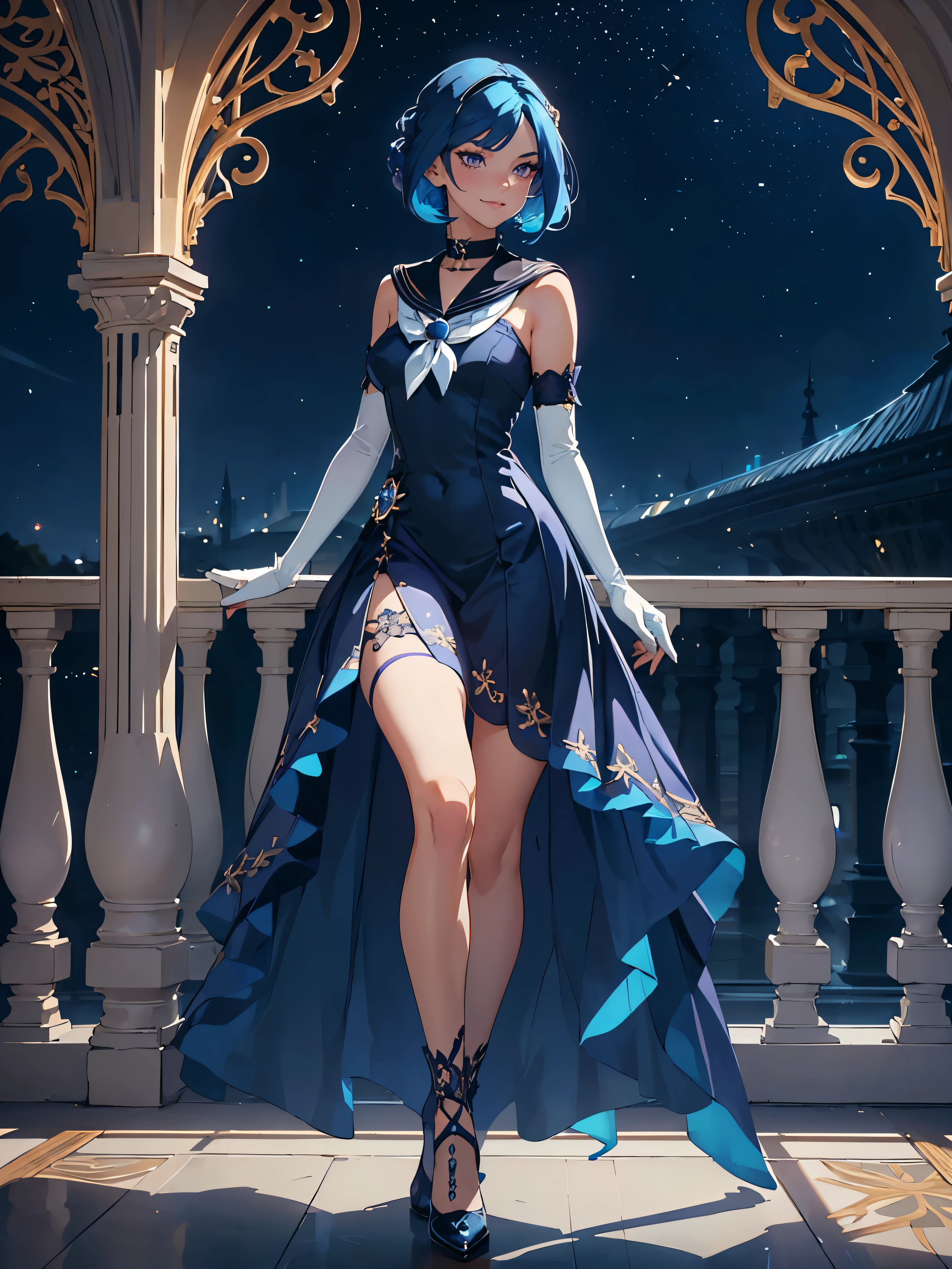 masterpiece, high quality, standing, 1_women, (full body), (((looking away from viewer))), (((bright blue hair))), glowing hair, medium length hair, cute bangs, flowing hair, (exotic skin_complexion:1.4),mature, tall, diamond shaped eyes, (purple eyes), dark_eyeliner, long_eyelashes), beautiful, exotic, elegant, slim, (((sailor collar))), black thigh highs, choker, medium bust, navy blue ((diaphanous sparkling dress)), ((white embroidery elbow gloves)), knee high heel with laces, (sleeveless), natural dynamic lighting, ((smirking)), ballroom, on ballroom balcony, at night, starry night moonlight, 