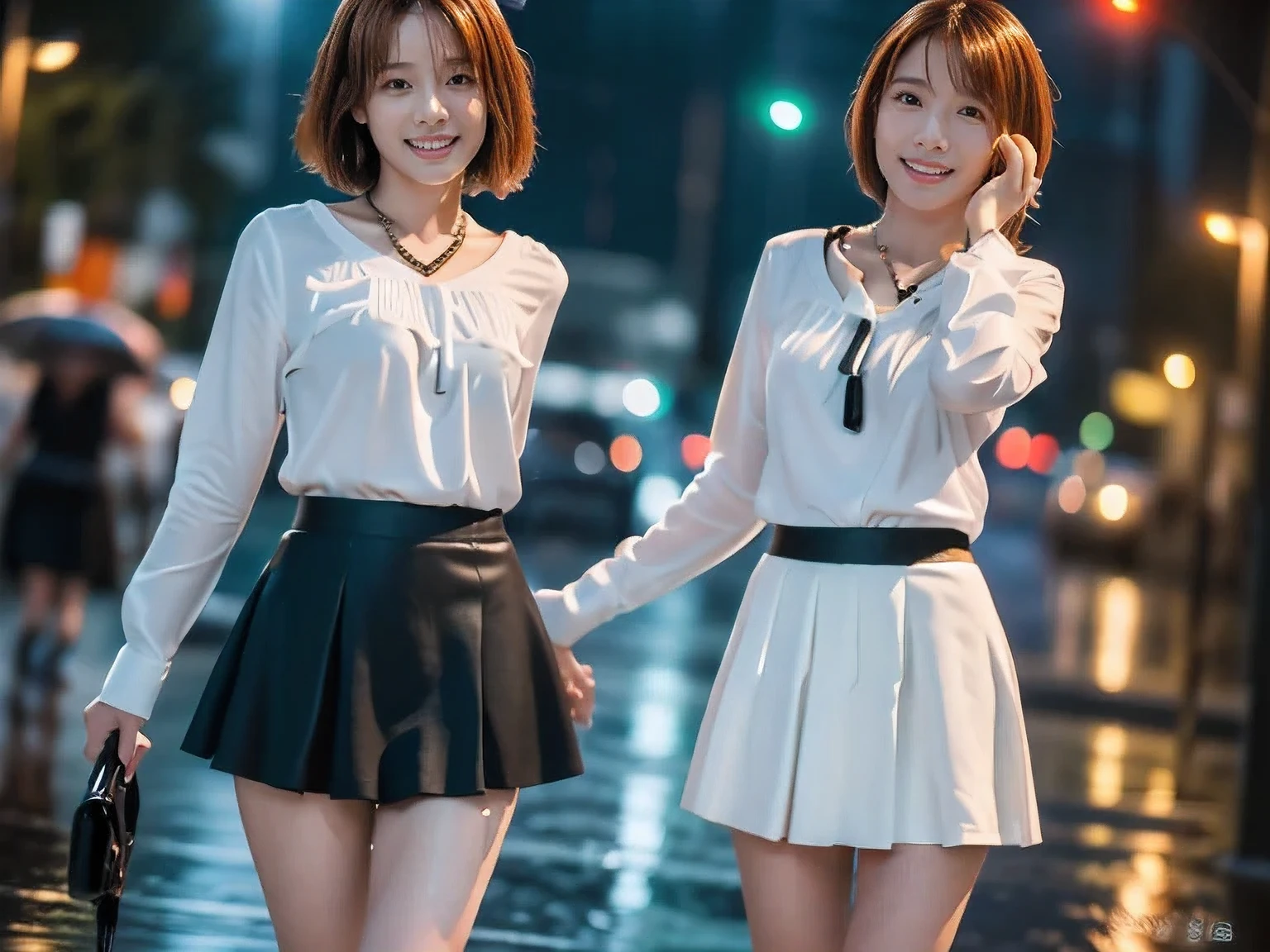 (In a business district at night in the rain:1.5)、(Soaking wet and smiling:1.5)、(A cute 20 year old woman:1.5)、(The best quality at its best:1.4), (Super detailed), (Very detailed CG unified 16k), Beautiful woman with perfect figure: 1.4, Sharp focus: 1.2, Very detailed, High-quality RAW color photos, Professional photography, Great face and eyes, cosmetics, (Amazingly beautiful girl), ((White blouse and black flared skirt:1.5)), Realistic movie faces, Full body long view from head to toe, Realistic, ((Realistic natural orange red hairstyle)), ( Short Bob Hair:1.5), (necklace:1.5)、, Very beautiful face, Perfect model beauty, Mouth swelling, Highly detailed face and skin texture, Fine grain, double eyelid, Medium chest, (masterpiece), Highest quality, High resolution, Very detailed, Blurred Background, Depth of written boundary, Cinema Lighting, Great legs, , Clear, well-maintained skin,((Full body shot from head to toe:1.5))
